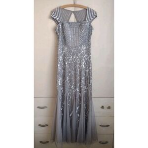 Adrianna Papell Dress Beaded Open Back Cap Sleeve Silver Evening Gown Prom Nye